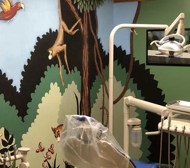 A dental chair and equipment prepared and ready for use in a room painted to look like a jungle with a monkey and jaguar on the wall at Cedar Lane Family Dentistry in Franklin, IN.